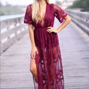 AQUA Lace Romper Overlay Dress Wine Size Small